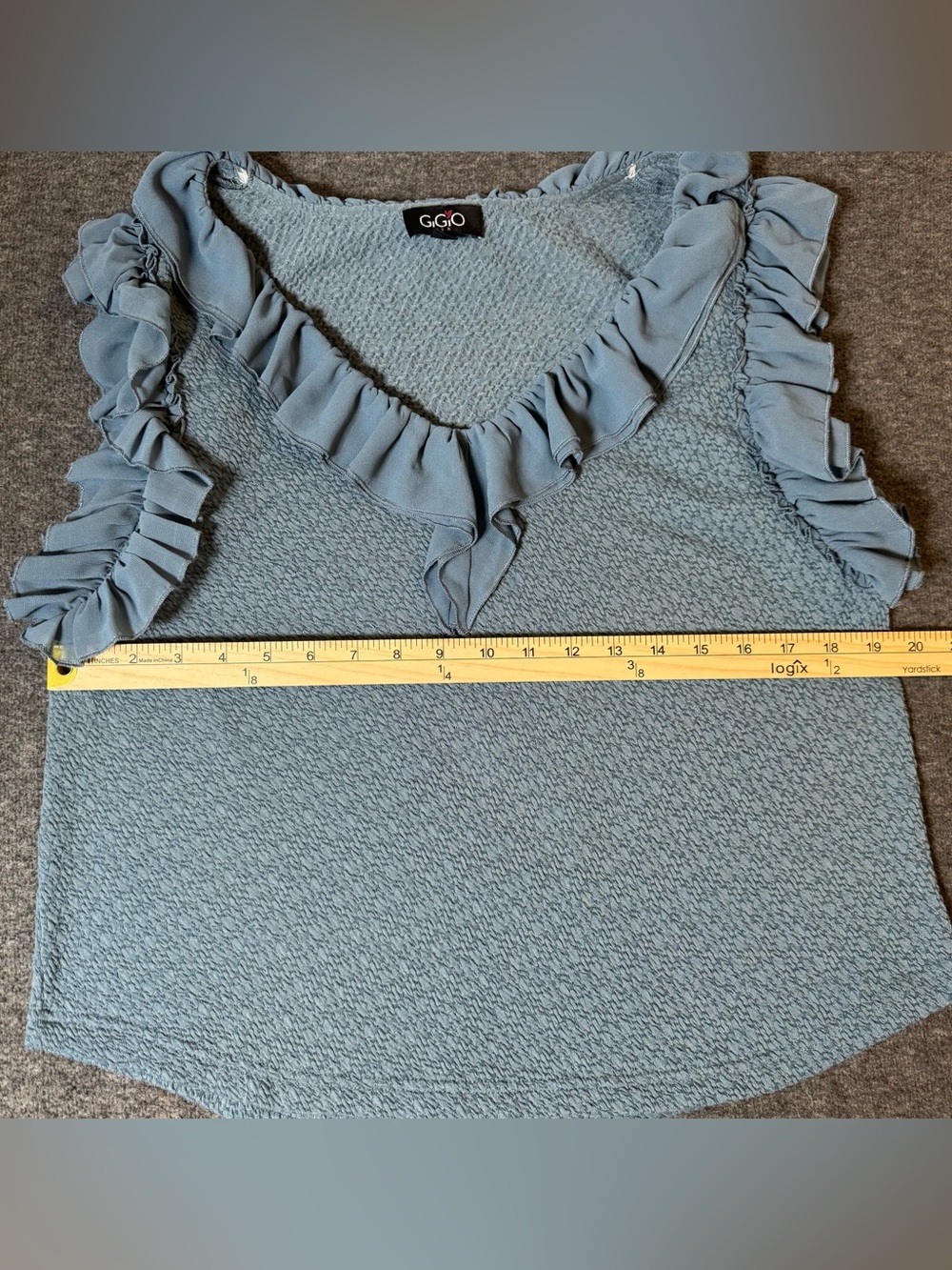 GiGio Women’s Dusty Blue Top Textured Knit Ruffle V-Neck Boutique Blouse Large - Picture 13 of 16